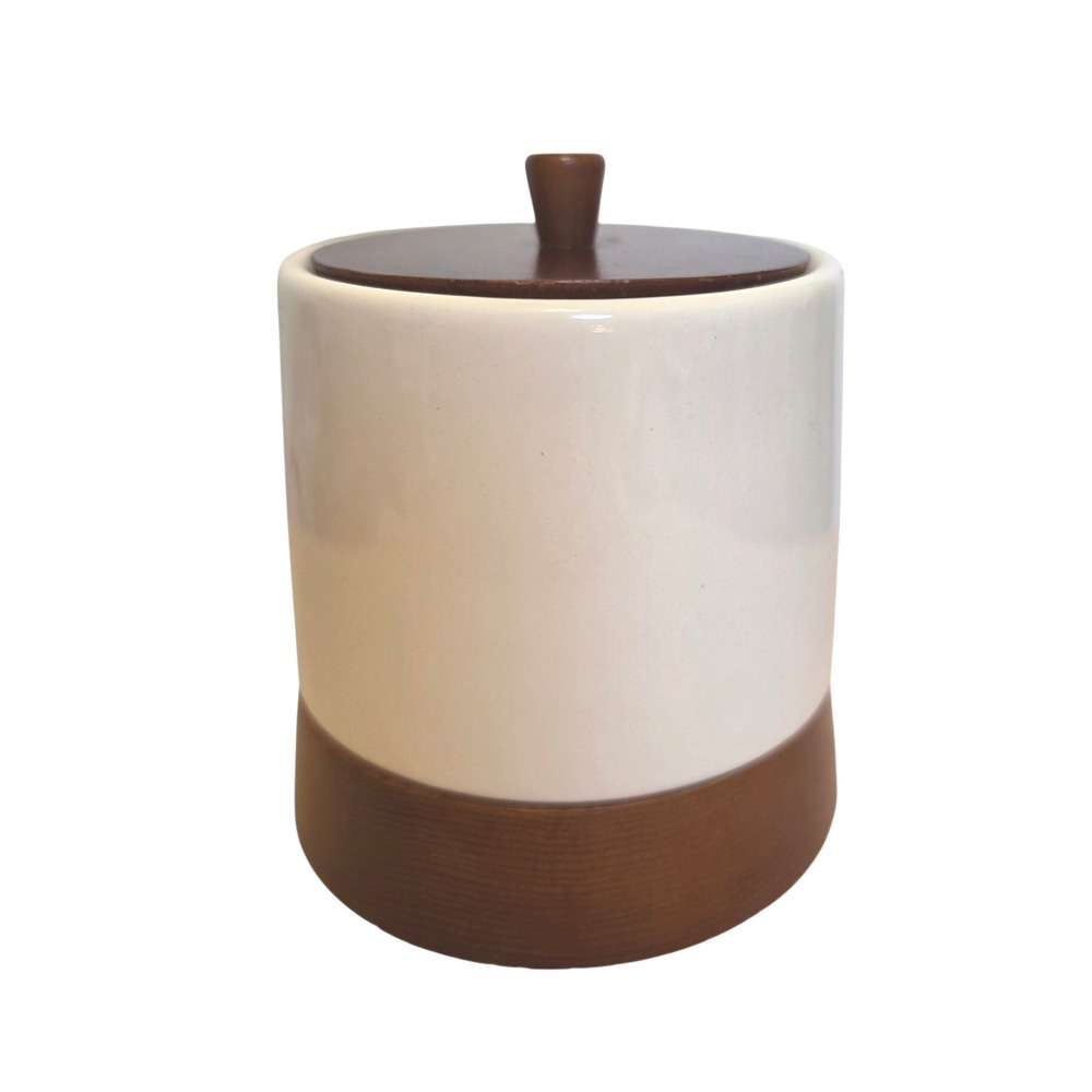 White Ceramic Canister with Wood Base and Lid Mid Century Modern Style
